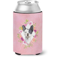 "Caroline's Treasures Black and White Frenchie Pink Flowers Can or Bottle Hugger cold-beverage-koozies, 12 oz, Multicolor"