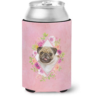 "Caroline's Treasures CK4174CC Fawn Pug Pink Flowers Can or Bottle Hugger cold-beverage-koozies, 12 oz, Multicolor"