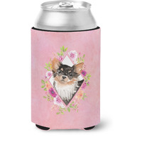 "Caroline's Treasures CK4225CC Longhaired Chihuahua Pink Flowers Can or Bottle Hugger cold-beverage-koozies, 12 oz, Multicolor"