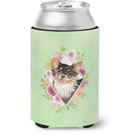 "Caroline's Treasures CK4385CC Longhaired Chihuahua Green Flowers Can or Bottle Hugger cold-beverage-koozies, 12 oz, Multicolor"