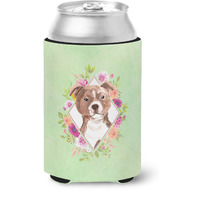 "Caroline's Treasures CK4368CC Staffie Bull Terrier Green Flowers Can or Bottle Hugger cold-beverage-koozies, 12 oz, Multicolor"