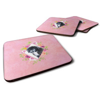 "Caroline's Treasures CK4164FC Newfoundland Puppy Pink Flowers Foam Set of 4 coasters, Multicolor"