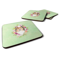 "Caroline's Treasures CK4373FC Sheltie Green Flowers Foam Set of 4 coasters, Multicolor"