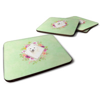 "Caroline's Treasures CK4389FC Japanese Spitz Green Flowers Foam Set of 4 coasters, Multicolor"