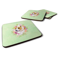 "Caroline's Treasures CK4274FC Bull Terrier Green Flowers Foam Set of 4 coasters, Multicolor"
