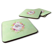 "Caroline's Treasures CK4332FC White Mini Poodle Green Flowers Foam Set of 4 coasters, Multicolor"