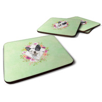 "Caroline's Treasures CK4420FC Black and White Frenchie Green Flowers Foam Set of 4 coasters, Multicolor"