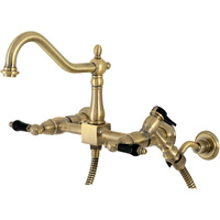 Kingston Brass KS1243PKLBS Duchess Two-Handle Wall Mount Bridge Kitchen Faucet with Brass Sprayer, Vintage Brass