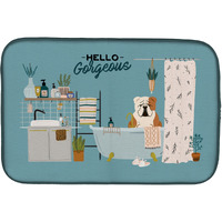 "Caroline's Treasures CK7547DDM Fawn White English Bulldog in Bathtub dish-drying-mats, 14 x 21, Multicolor"