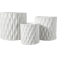 Ceramic Cylindrical Pot wth Wide Mouth and Embossed Wave Design Body Set of Three Matte Finish White
