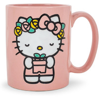 Sanrio Hello Kitty Flower Badge Wax Resist ceramic Pottery Mug  Holds 18 Ounces
