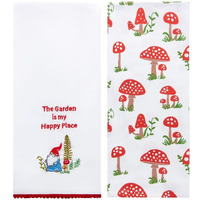 Set of 2 Spring Mushroom Embroidered Kitchen Towels - Happy Place Garden