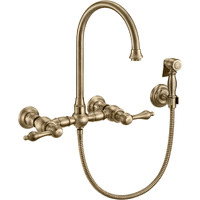Vintage III Plus Wall Mount Faucet with a  Long Gooseneck Swivel Spout, Lever Handles and Solid Brass Side Spray