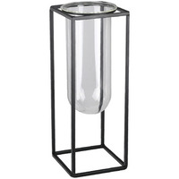 Urban Trends collection 59314 Metal Square Vase with Hanging clear Tube glass  coated Black - Small