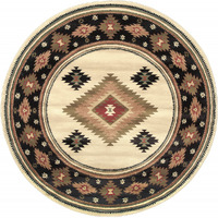 8 Beige Round Southwestern Power Loom Stain Resistant Area Rug