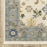 2 X 6 Ivory Blue grey Teal gold green And Rust Oriental Power Loom Stain Resistant Runner Rug With Fringe