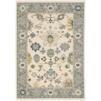 5 X 8 Ivory Blue grey Teal gold green And Rust Oriental Power Loom Stain Resistant Area Rug With Fringe