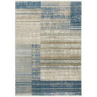 5 X 8 Blue Dark Blue Teal grey Ivory Beige And Tan geometric Power Loom Stain Resistant Area Rug With Fringe