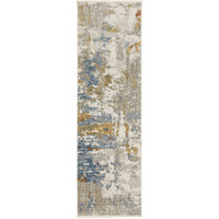8 Beige grey gold Blue Rust And Teal Abstract Power Loom Runner Rug With Fringe