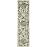 2 X 8 Ivory Blue Teal grey And Olive green Oriental Power Loom Stain Resistant Runner Rug