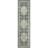 2 X 8 Teal Blue Ivory green And grey Oriental Power Loom Stain Resistant Runner Rug