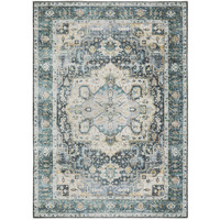2 X 3 Blue Ivory Teal Brown And gold Oriental Printed Stain Resistant Non Skid Area Rug