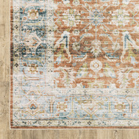 5 X 7 Rust Blue Ivory And gold Oriental Printed Stain Resistant Non Skid Area Rug