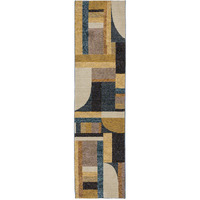 2 X 8 gold Blue Beige Purple And Teal geometric Power Loom Stain Resistant Runner Rug