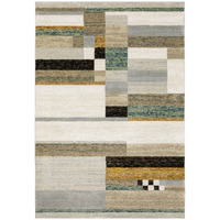 5 X 7 Beige gold Black grey Tan Teal And Rust geometric Power Loom Area Rug
