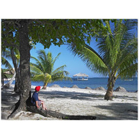 Tourist resting under palm trees on beach at Palmetto Bay, Roatan Island, Honduras-Paper Art-42"x32"