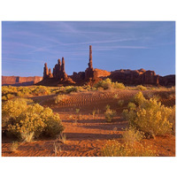 Totem Pole and Yei Bi Chei with sand dunes and shrubs, Monument Valley, Arizona and Utah border-Paper Art-42"x32"