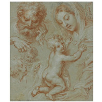 Studies of the Madonna and Child and of Heads (recto); Madonna and Child with Saint John Seated in a Landscape (verso)-Paper Art-27"x32"