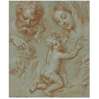 Studies of the Madonna and Child and of Heads (recto); Madonna and Child with Saint John Seated in a Landscape (verso)-Paper Art-39"x46"
