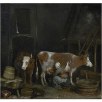 A Maid Milking a Cow in a Barn-Paper Art-24"x23"