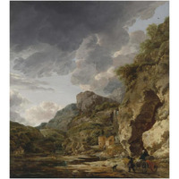 Mountain Landscape with River and Wagon-Paper Art-34"x38"