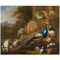 Peacocks, Doves, Turkeys, Chickens and Ducks by a Classical Ruin-Paper Art-32"x27"