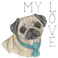 Puppy Love Pug Color -Paper Art-26"x26"
