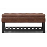 Cosmopolitan 44 inch Wide Transitional Rectangle Storage Ottoman Bench with Open Bottom in Distressed Saddle Brown Faux Leather