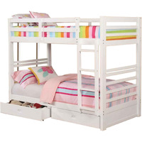 Transitional Twin Over Twin Bed with Attached Ladder and Drawers, White