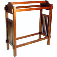 Wooden Mission Style Quilt Rack with 3 Hanging Bars on Scrolled Top, Brown