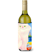 Big white Cat at the beach Wine Bottle Beverage Insulator Beverage Insulator Hugger