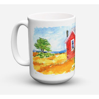 "Caroline's Treasures 6041CM15 Old Red Cottage House At The Lake Or Beach Microwavable Ceramic Coffee Mug, 15 oz, Multicolor"
