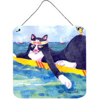 "Caroline's Treasures Black and White Cat Surfing Bird Aluminum Metal Wall or Door Hanging Prints, 6 x 6"", Multicolor"