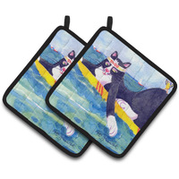"Caroline's Treasures black & White Cat Surfin Bird Pair of Pot Holders 6051PTHD, 7.5HX7.5W, Multicolor"