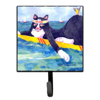 "Caroline's Treasures 6051SH4 Black and White Cat Surfing Bird Leash Holder or Key Hook, Small, Multicolor"
