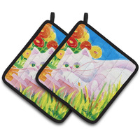 "Caroline's Treasures White Cat Pair of Pot Holders 6102PTHD, 7.5HX7.5W, Multicolor"