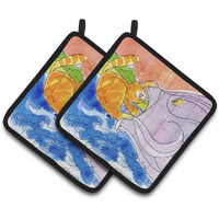 "Caroline's Treasures Cat & The Big Fish Pair of Pot Holders 6103PTHD, 7.5HX7.5W, Multicolor"