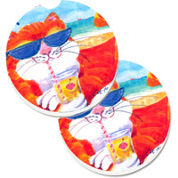 "Caroline's Treasures Cool Cat with Sunglasses At The Beach Set of 2 Cup Holder Car Coasters 6118CARC, 2.56, Multicolor"