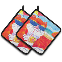 "Caroline's Treasures Cool Cat with Sunglasses At The Beach Pair of Pot Holders 6118PTHD, 7.5HX7.5W, Multicolor"