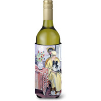 Lady with her Papillon Wine Bottle Beverage Insulator Beverage Insulator Hugger